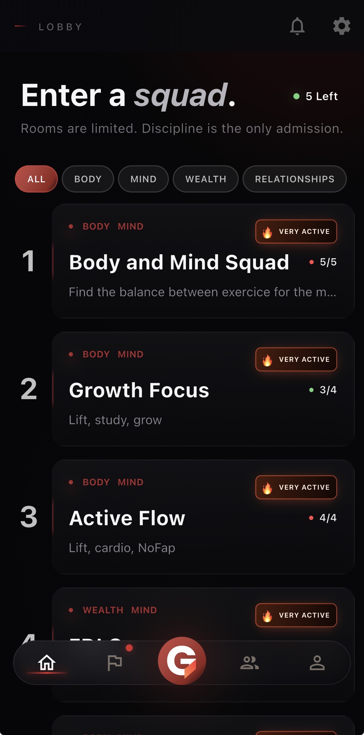 Browse and join squads in the GRIT app lobby