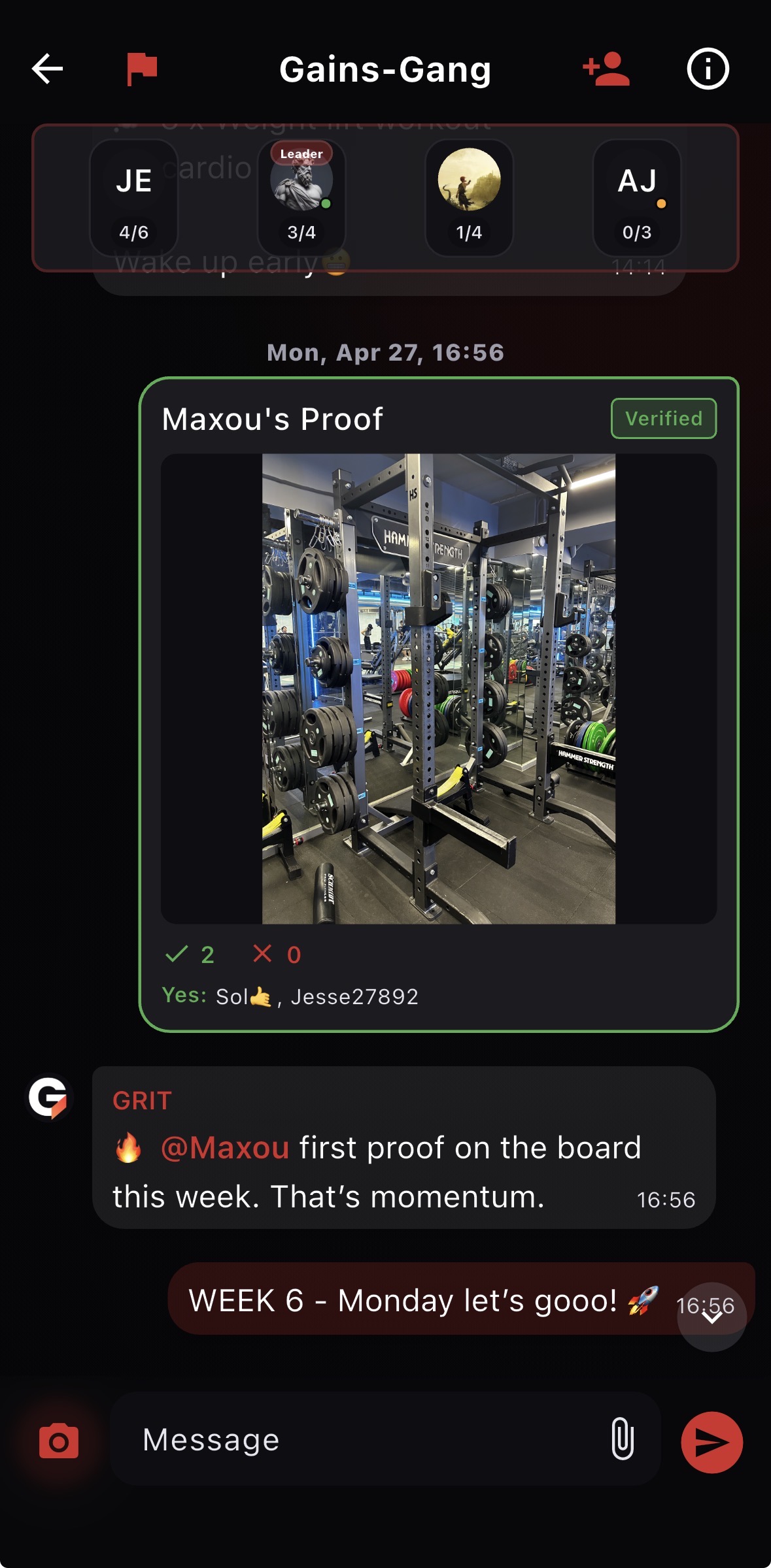Squad chat and proof verification in the GRIT app